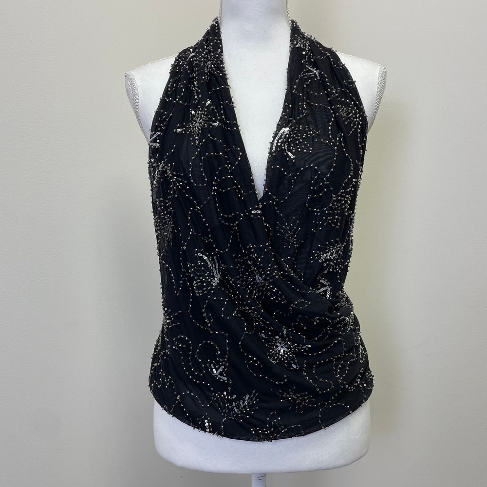 Zara Black Beaded Sequin Mesh Halter Top S Open Back Floral Wrap Front Small